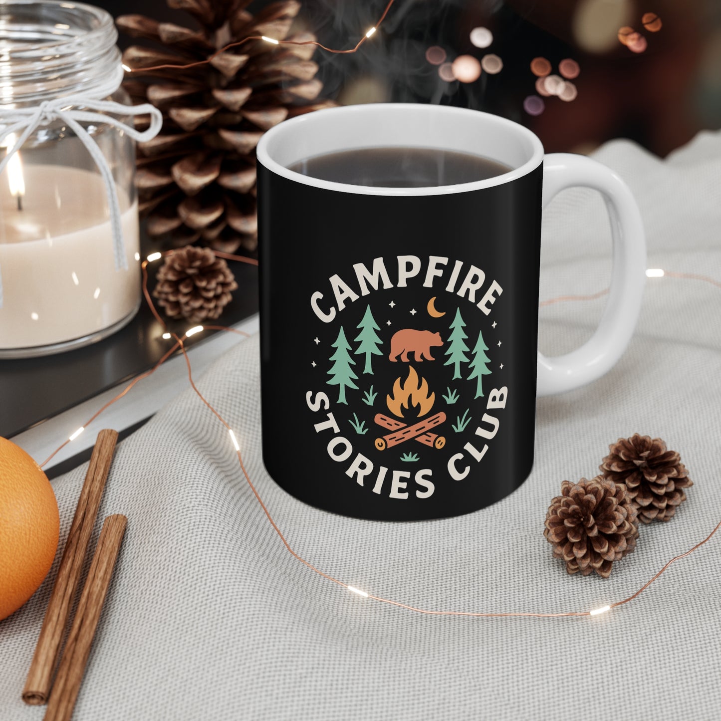 Campfire Stories Club Mug — Outdoor Camping Coffee Cup with Bear & Trees Design