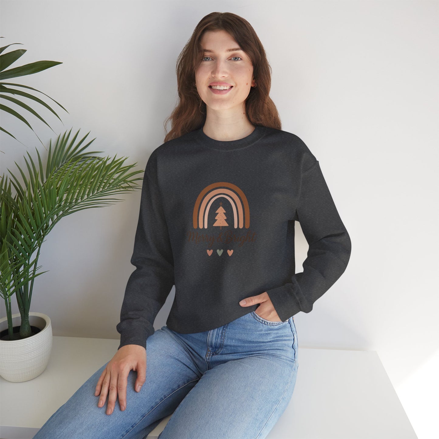 Merry & Bright Christmas Crewneck Sweatshirt — Neutral Rainbow Holiday Sweatshirt