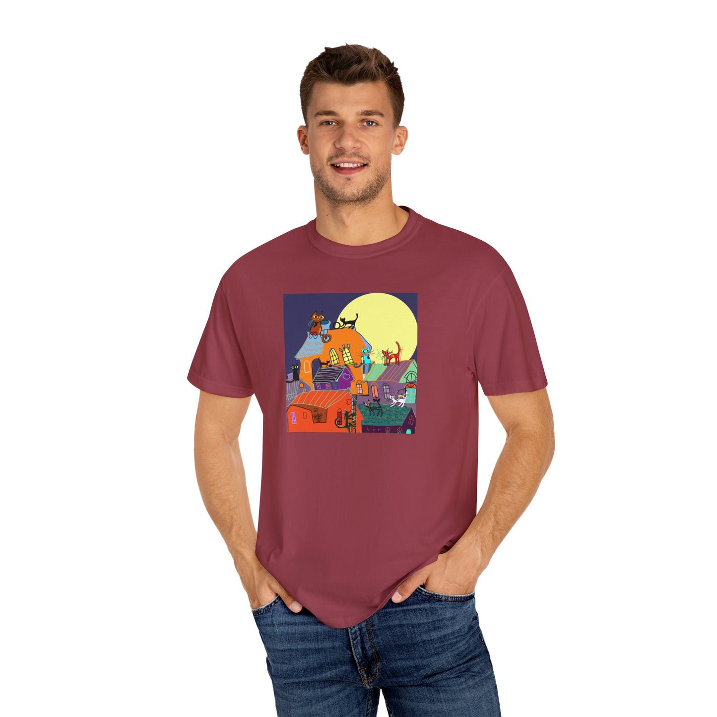 Moonlit Canine Adventure T-Shirt, Unisex Dog Lover Tee, Garment-Dyed Graphic Top, Pet-Themed Gift, Casual Wear