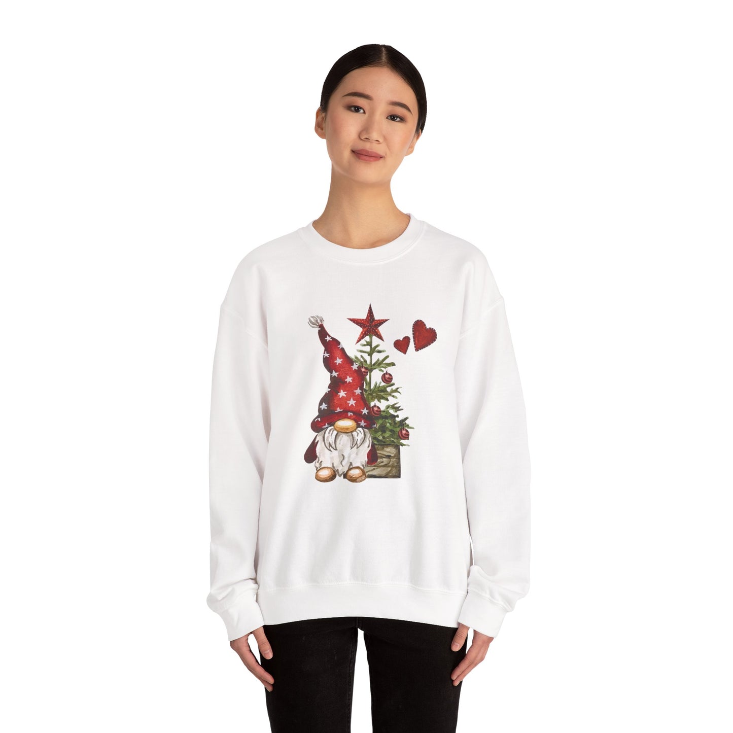 Christmas Gnome Sweatshirt – Festive Tree & Hearts Holiday Crewneck