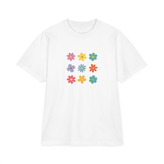 Floral Grid Tee — Colorful Retro Flowers Graphic T-Shirt
