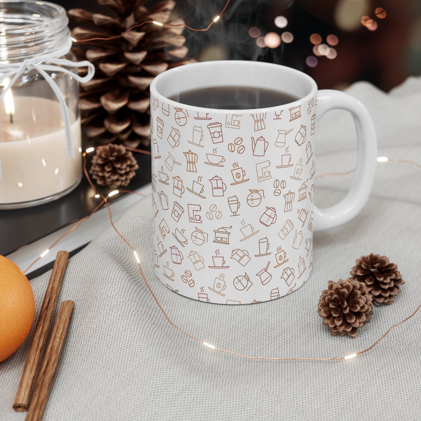 Coffee Icons 11oz Ceramic Mug — Minimal Neutral Coffee Pattern