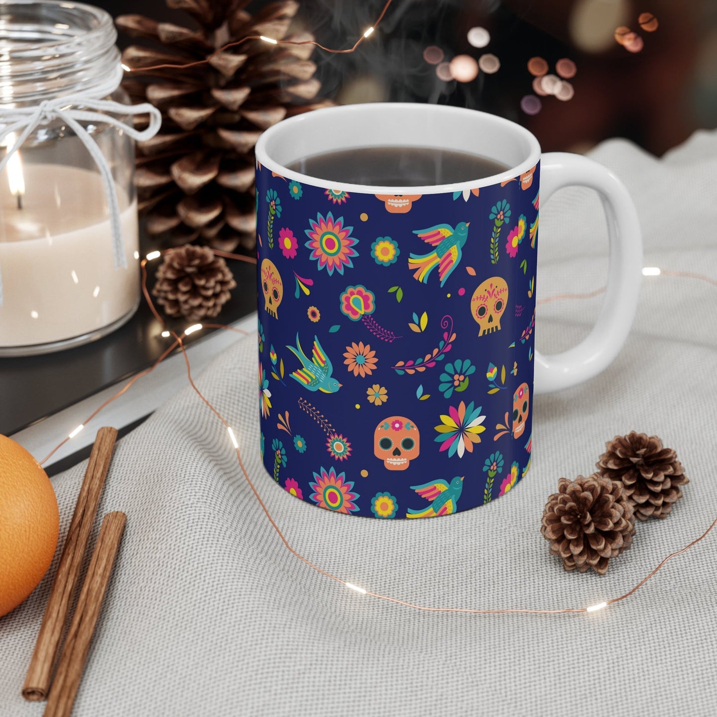 Colorful Floral Skull Mug, Day of the Dead Coffee Cup, Bohemian Drinkware, Gift for Her, Unique Art Mug - MaisonThreadory