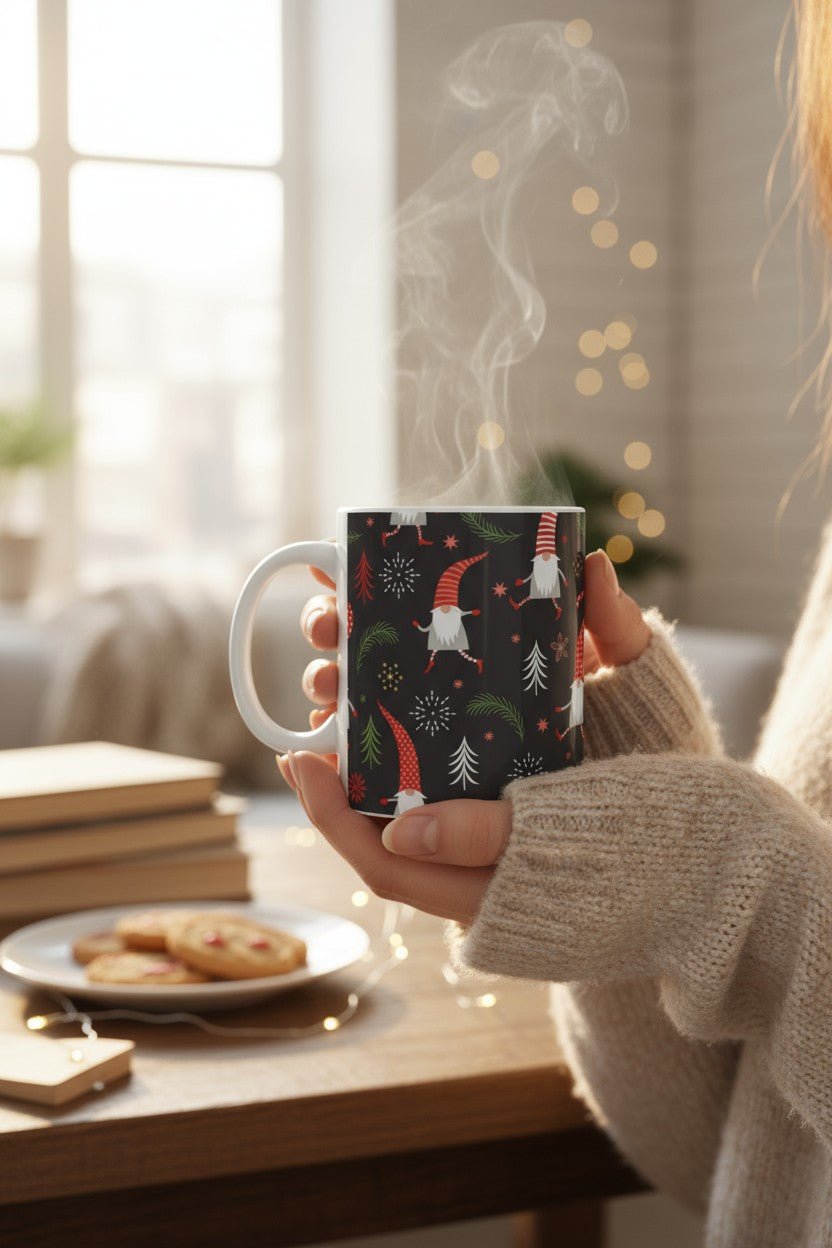 Festive Gnome Ceramic Mug | Holiday Gift, Coffee Lover, Winter Decor, Christmas Mug, Seasonal Drinkware - MaisonThreadory