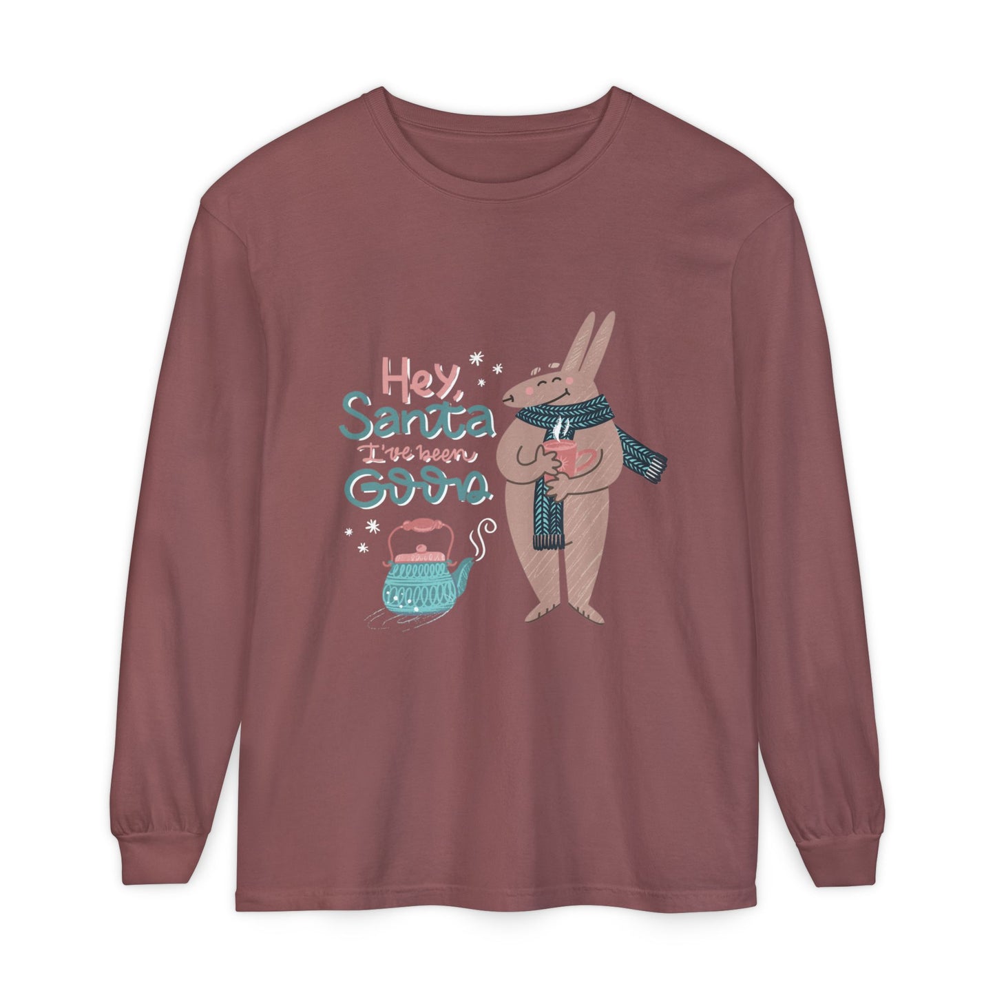 Hey Santa I’ve Been Good Long Sleeve T-Shirt — Cute Bunny Christmas Holiday Top