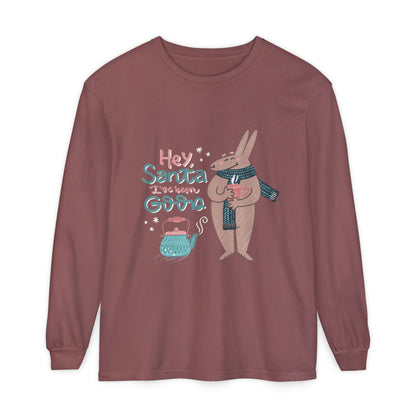 Hey Santa I’ve Been Good Long Sleeve T-Shirt — Cute Bunny Christmas Holiday Top