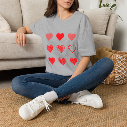 Heart Icons T-Shirt — Red Sketch & Filled Heart Graphic Tee for Valentine’s Day