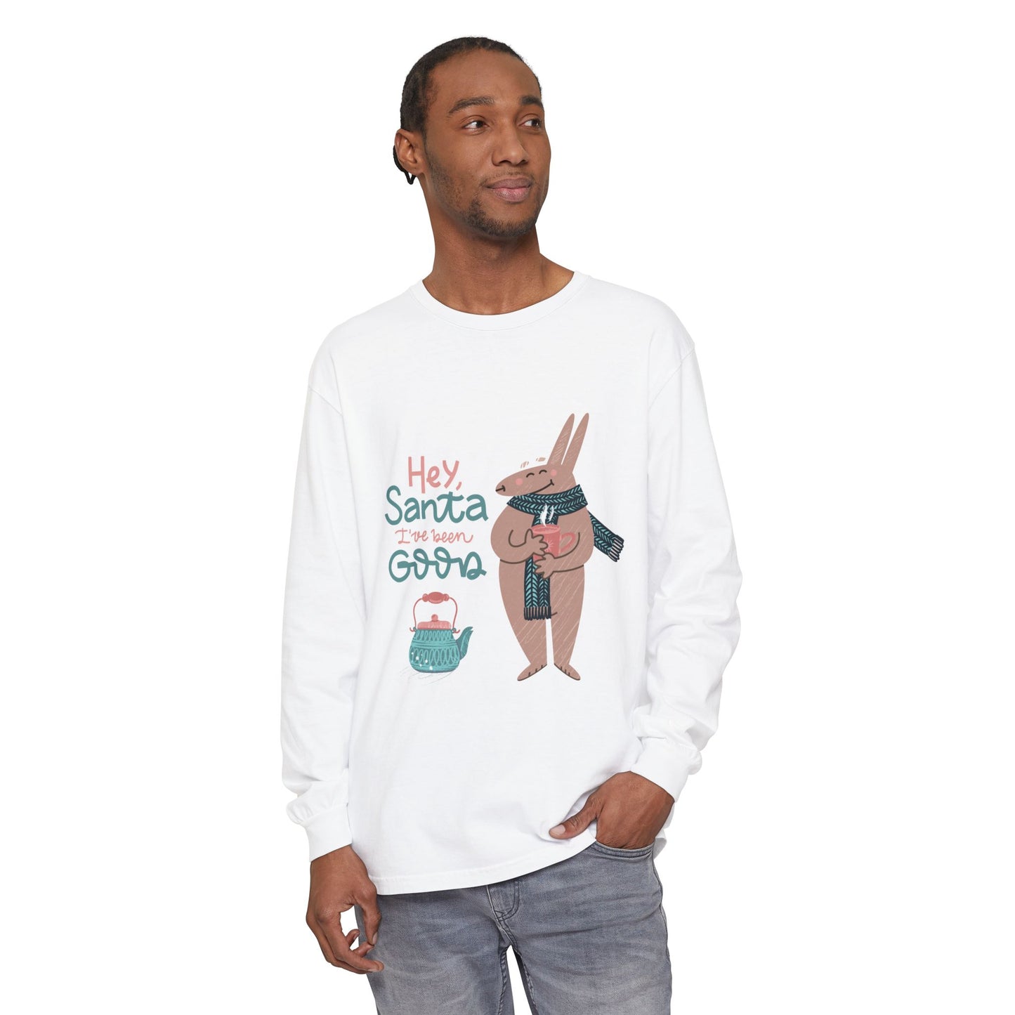 Hey Santa I’ve Been Good Long Sleeve T-Shirt — Cute Bunny Christmas Holiday Top