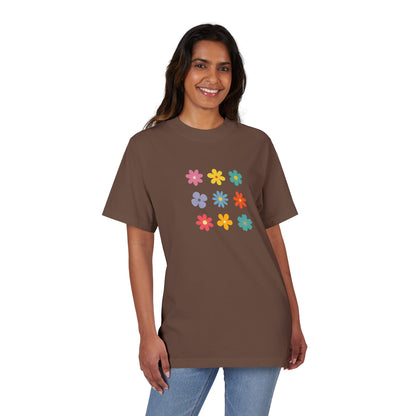 Floral Grid Tee — Colorful Retro Flowers Graphic T-Shirt