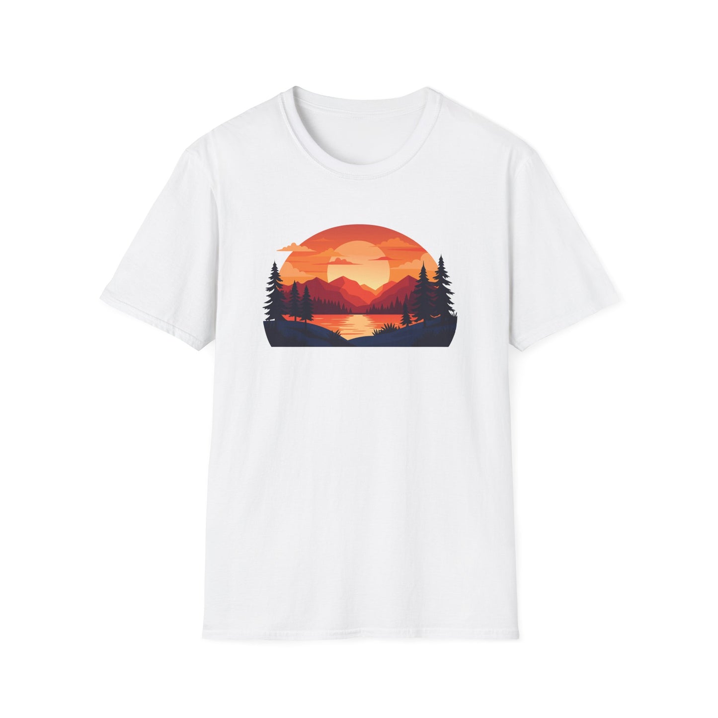 Sunset Mountain Lake T-Shirt — Retro Nature Graphic Tee for Outdoors Lovers