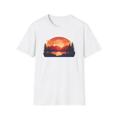 Sunset Mountain Lake T-Shirt — Retro Nature Graphic Tee for Outdoors Lovers