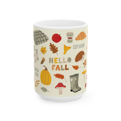 Cozy Fall Ceramic Mug, Autumn Vibes, Seasonal Gift, Cute Coffee Cup, Hello Fall Mug, Perfect for Hot Beverages - MaisonThreadory