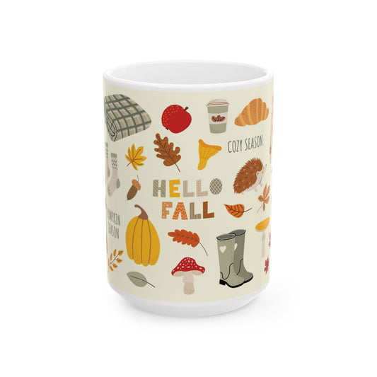 Cozy Fall Ceramic Mug, Autumn Vibes, Seasonal Gift, Cute Coffee Cup, Hello Fall Mug, Perfect for Hot Beverages - MaisonThreadory