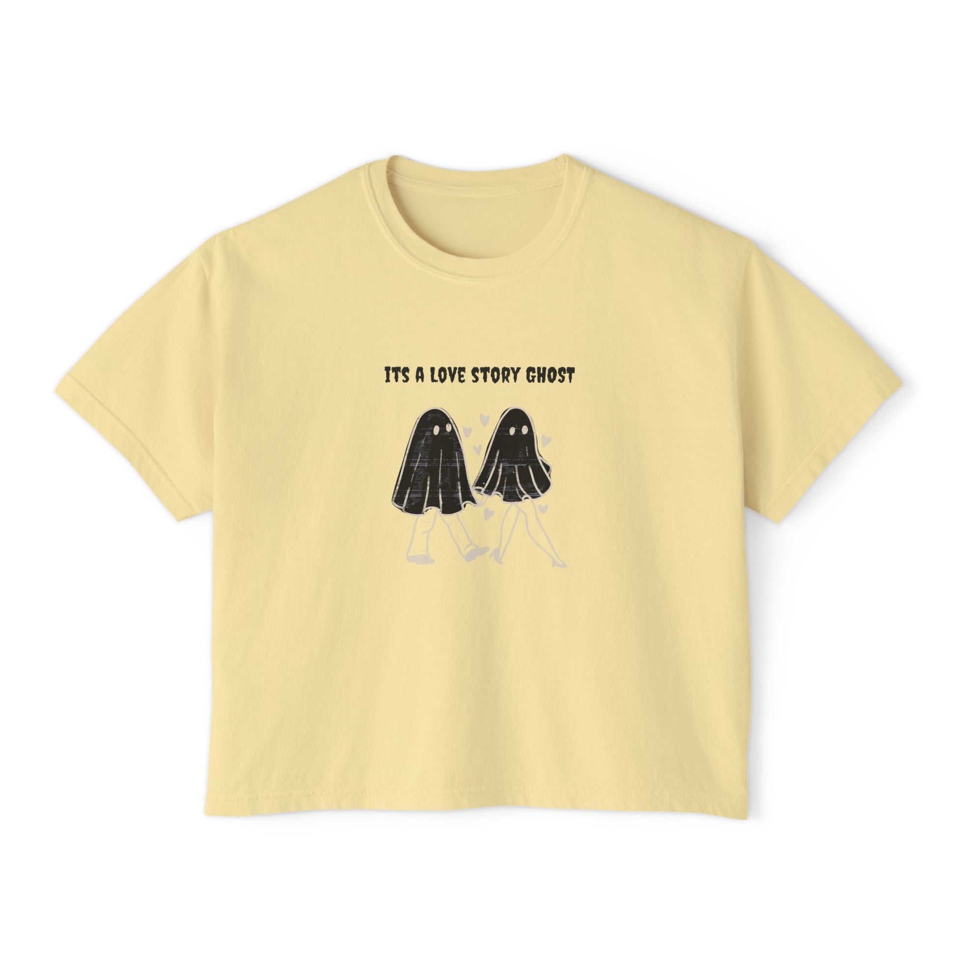 Cute Love Story Ghost Women's Boxy Tee, Fun Casual Top, Halloween Apparel, Gift for Ghost Lovers, Spooky Season Shirt, Relaxed Fit Tee - MaisonThreadory