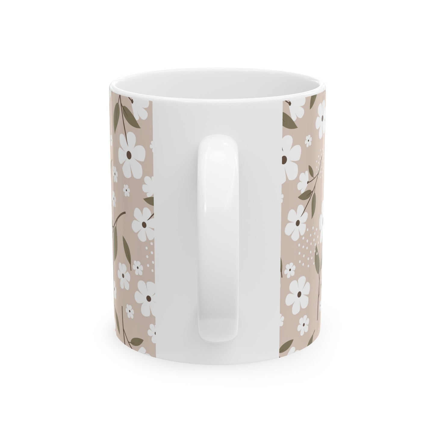 Floral Beige Ceramic Mug — White Blossom Pattern Coffee Cup (11oz & 15oz)