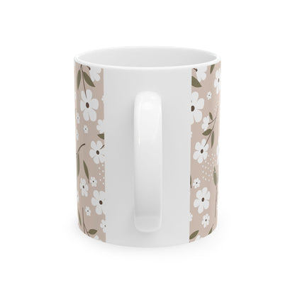 Floral Beige Ceramic Mug — White Blossom Pattern Coffee Cup (11oz & 15oz)