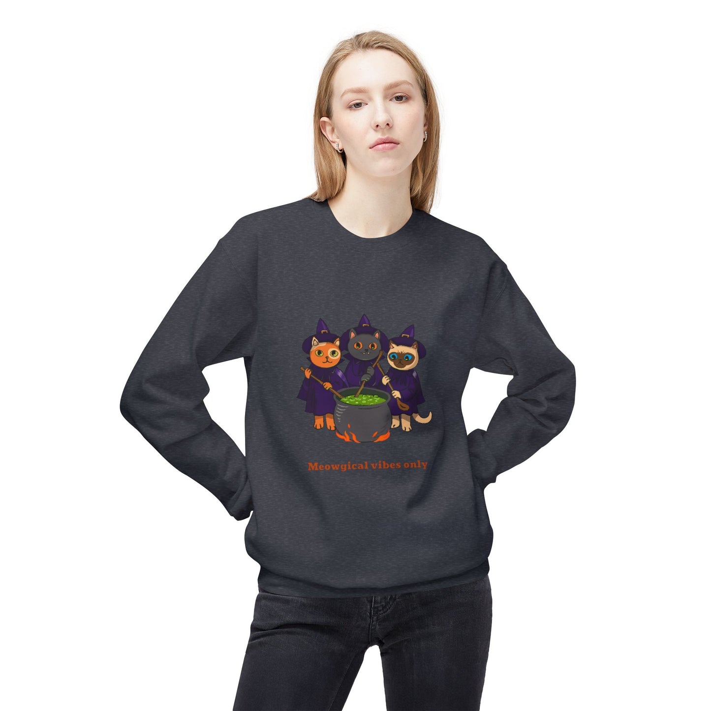 Whimsical Halloween Cat Crewneck Sweatshirt, Cozy Fall Fashion, Pumpkin Spice Sweater, Cute Cat Lovers Gift, Spooky Season Apparel - MaisonThreadory