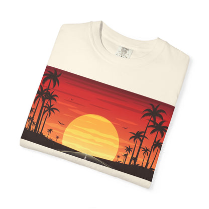 Sunset Palm Beach T-Shirt — Retro Tropical Sunset Graphic