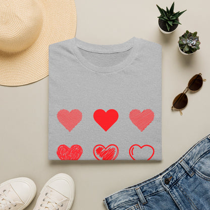 Heart Icons T-Shirt — Red Sketch & Filled Heart Graphic Tee for Valentine’s Day