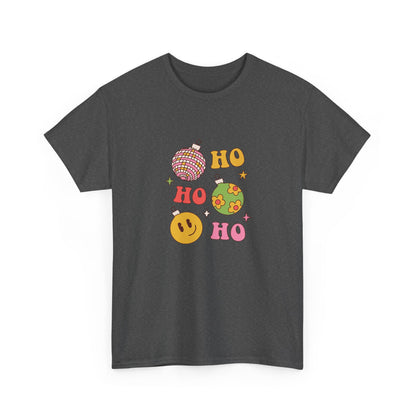 Holiday Ho Ho Ho Graphic Tee — Retro Ornaments & Smiley Face Christmas Shirt