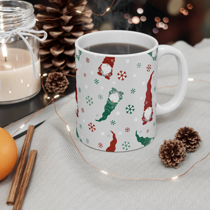 Gnome Pattern Holiday Mug, Christmas Coffee Cup, Winter Decor, Gift for Gnome Lovers, Cute Holiday Mug, Festive Drinkware - MaisonThreadory
