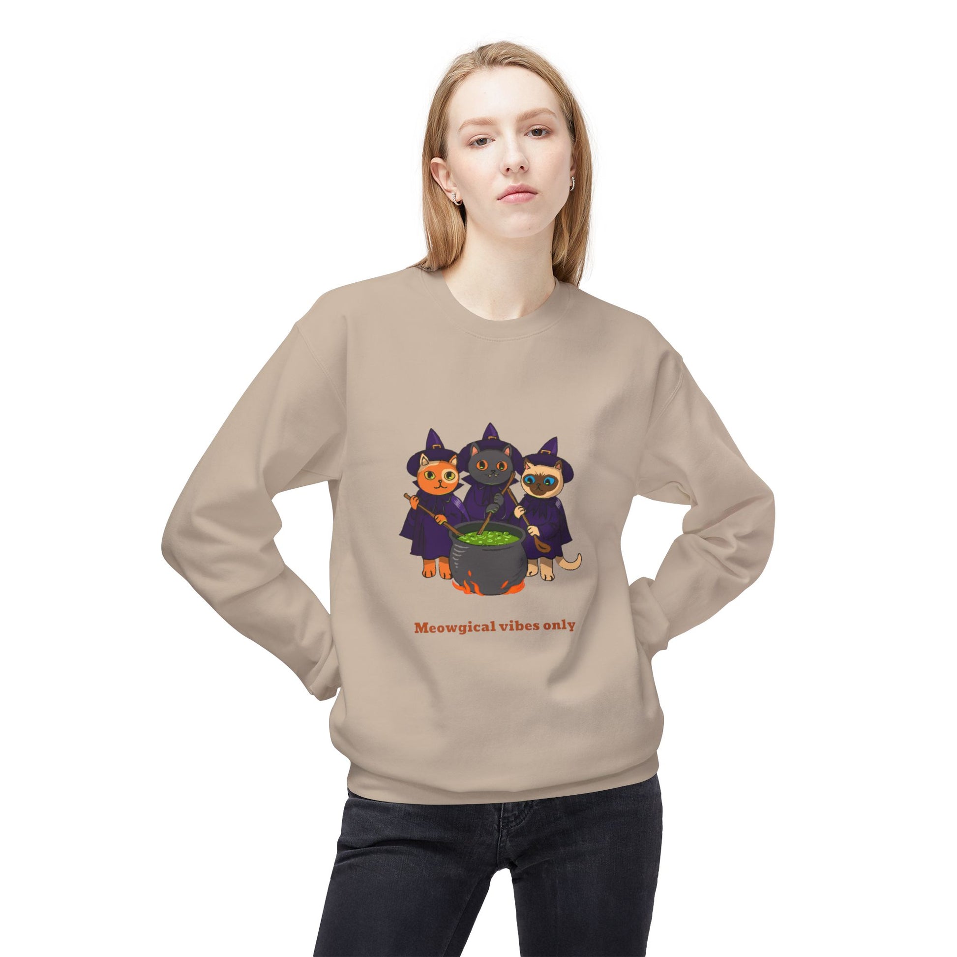 Whimsical Halloween Cat Crewneck Sweatshirt, Cozy Fall Fashion, Pumpkin Spice Sweater, Cute Cat Lovers Gift, Spooky Season Apparel - MaisonThreadory