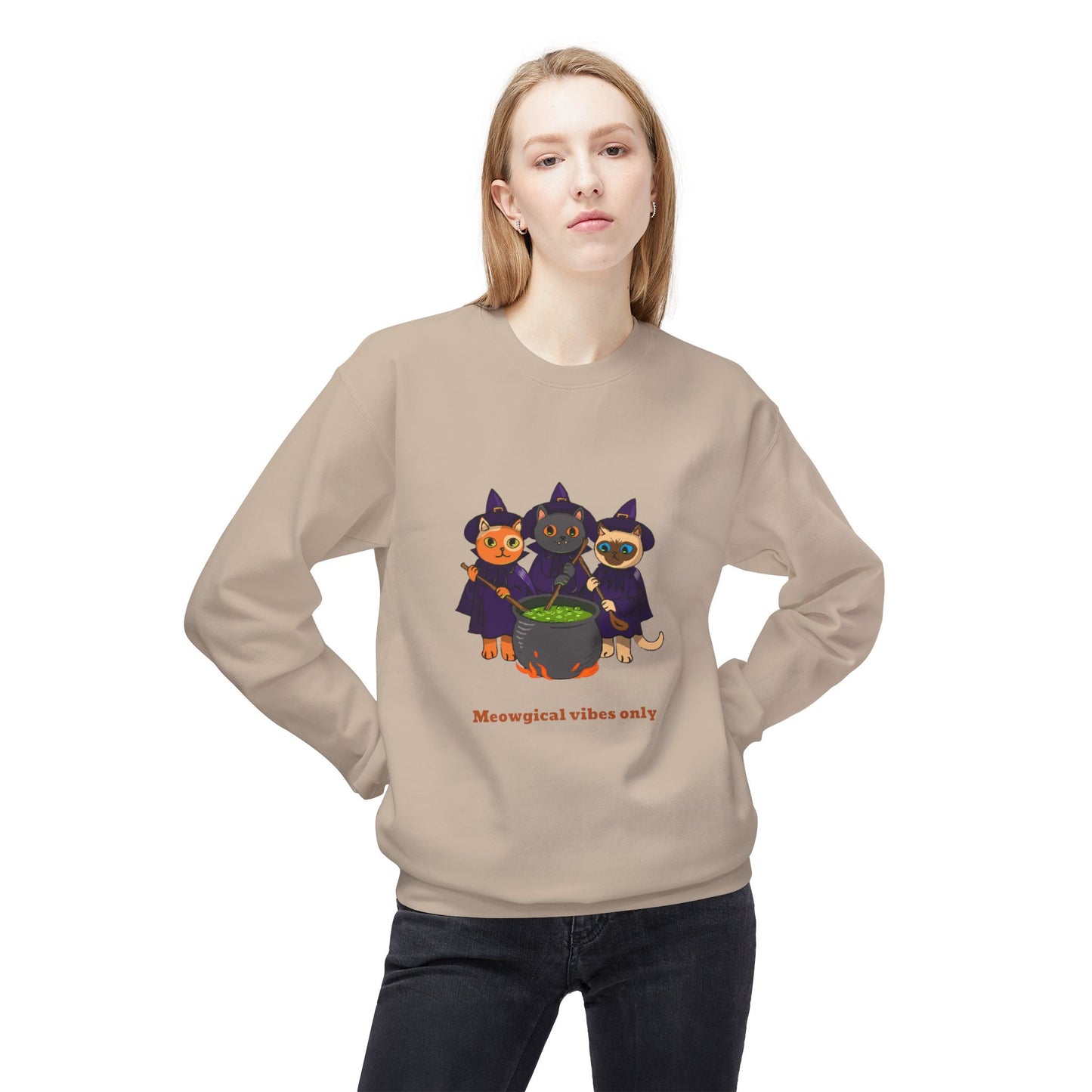 Whimsical Halloween Cat Crewneck Sweatshirt, Cozy Fall Fashion, Pumpkin Spice Sweater, Cute Cat Lovers Gift, Spooky Season Apparel - MaisonThreadory