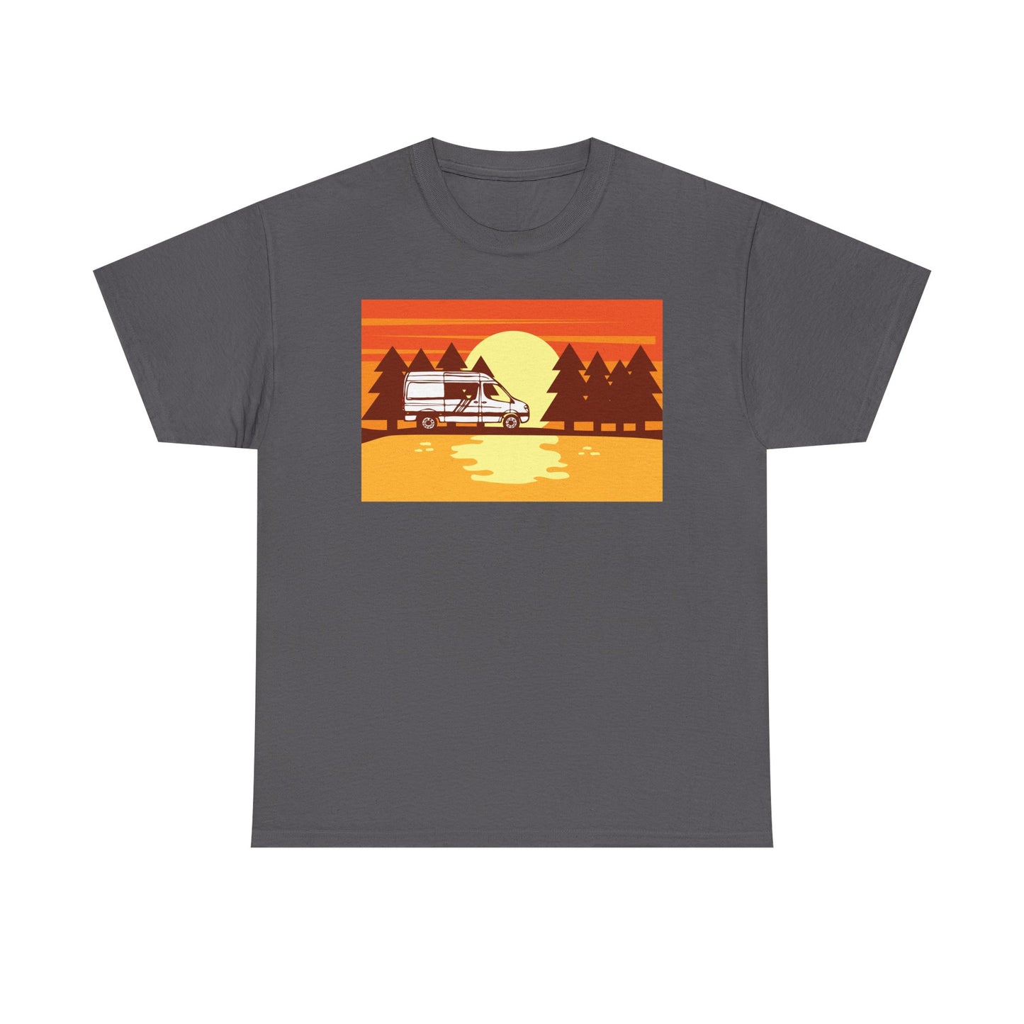 Retro Sunset Camper Unisex Heavy Cotton Tee, Vintage T-Shirt, Camping Apparel, Summer Shirt, Gift for Travel Lovers - MaisonThreadory