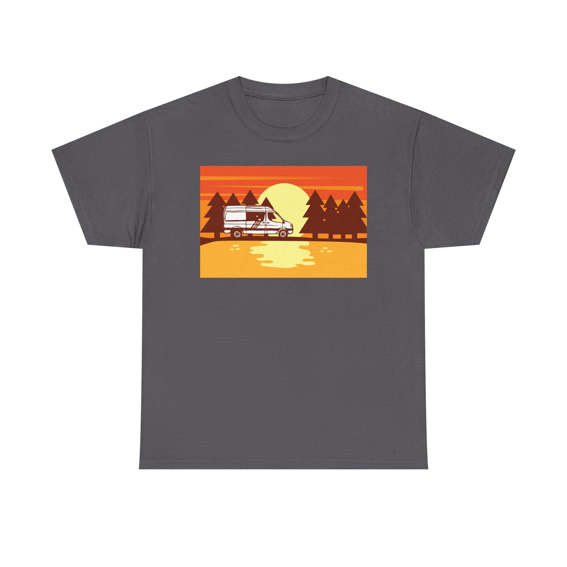 Retro Sunset Camper Unisex Heavy Cotton Tee, Vintage T-Shirt, Camping Apparel, Summer Shirt, Gift for Travel Lovers - MaisonThreadory