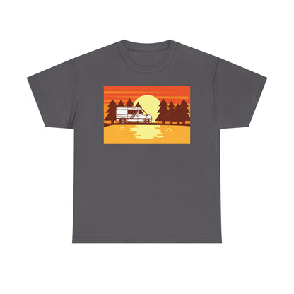 Retro Sunset Camper Unisex Heavy Cotton Tee, Vintage T-Shirt, Camping Apparel, Summer Shirt, Gift for Travel Lovers - MaisonThreadory