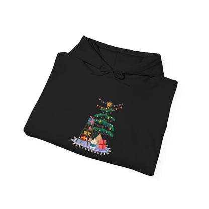 Christmas Tree Decorating Hoodie — Cozy Holiday Scene with Presents & String Lights
