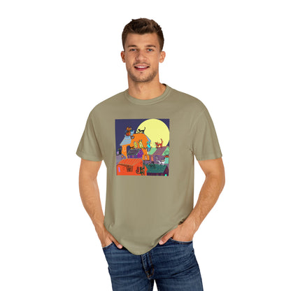 Moonlit Canine Adventure T-Shirt, Unisex Dog Lover Tee, Garment-Dyed Graphic Top, Pet-Themed Gift, Casual Wear