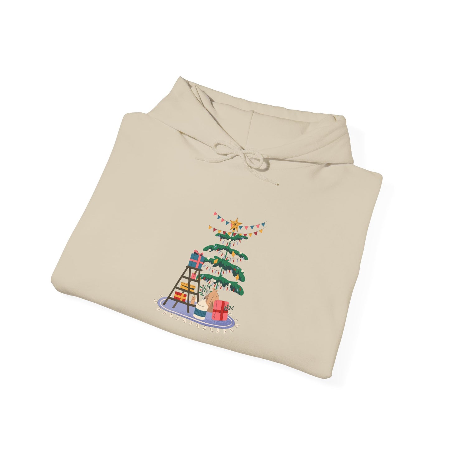 Christmas Tree Decorating Hoodie — Cozy Holiday Scene with Presents & String Lights