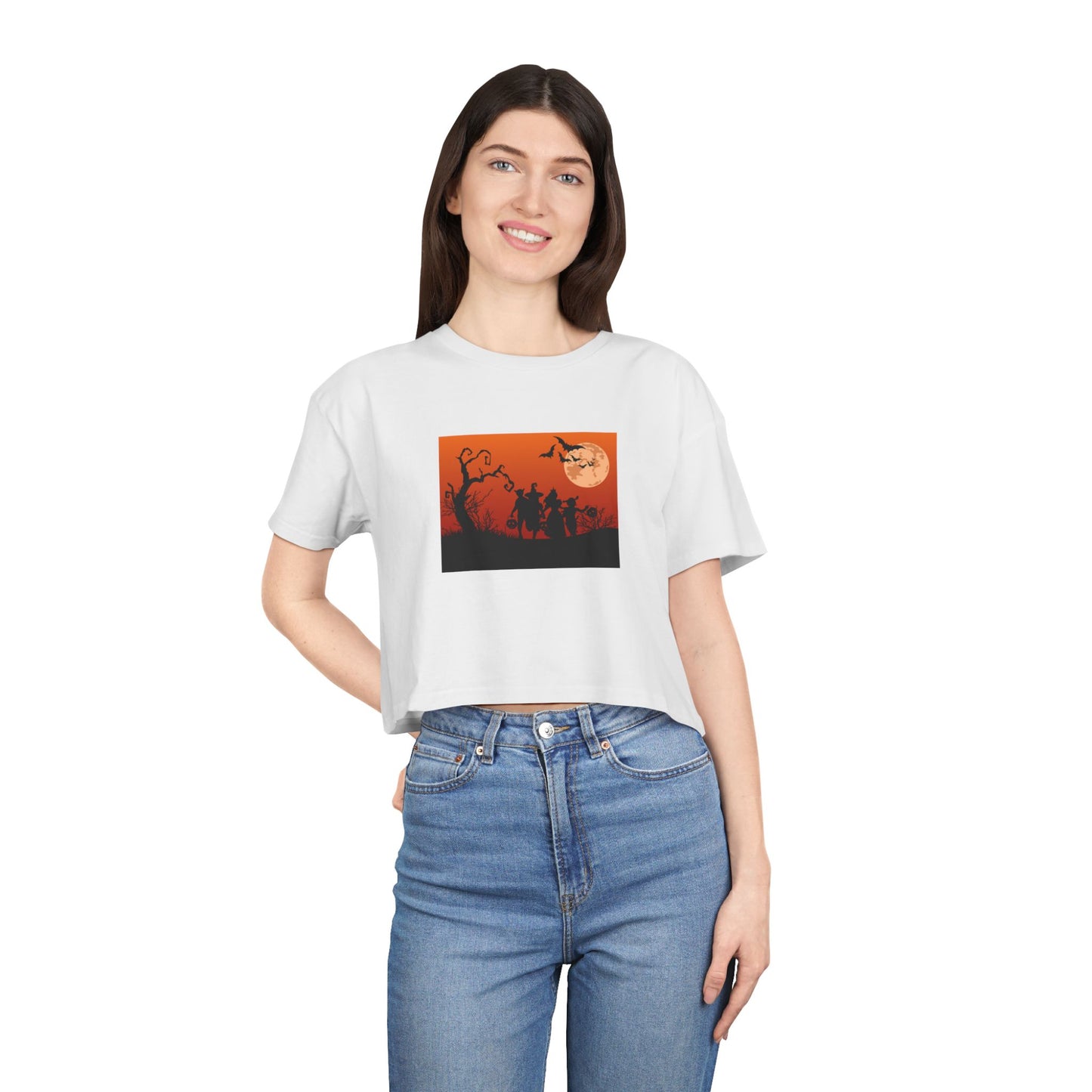Spooky Autumn Women's Crop Tee, Halloween Shirt, Casual Fall Top, Trendy Graphic Tee, Seasonal Fashion, Gift for Her