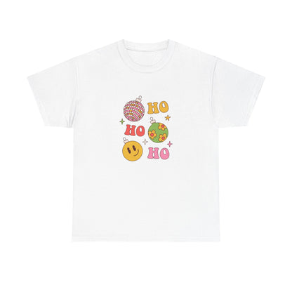 Holiday Ho Ho Ho Graphic Tee — Retro Ornaments & Smiley Face Christmas Shirt