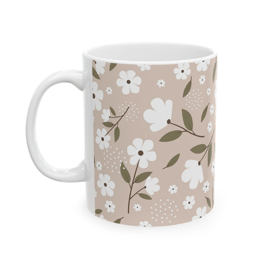Floral Beige Ceramic Mug — White Blossom Pattern Coffee Cup (11oz & 15oz)