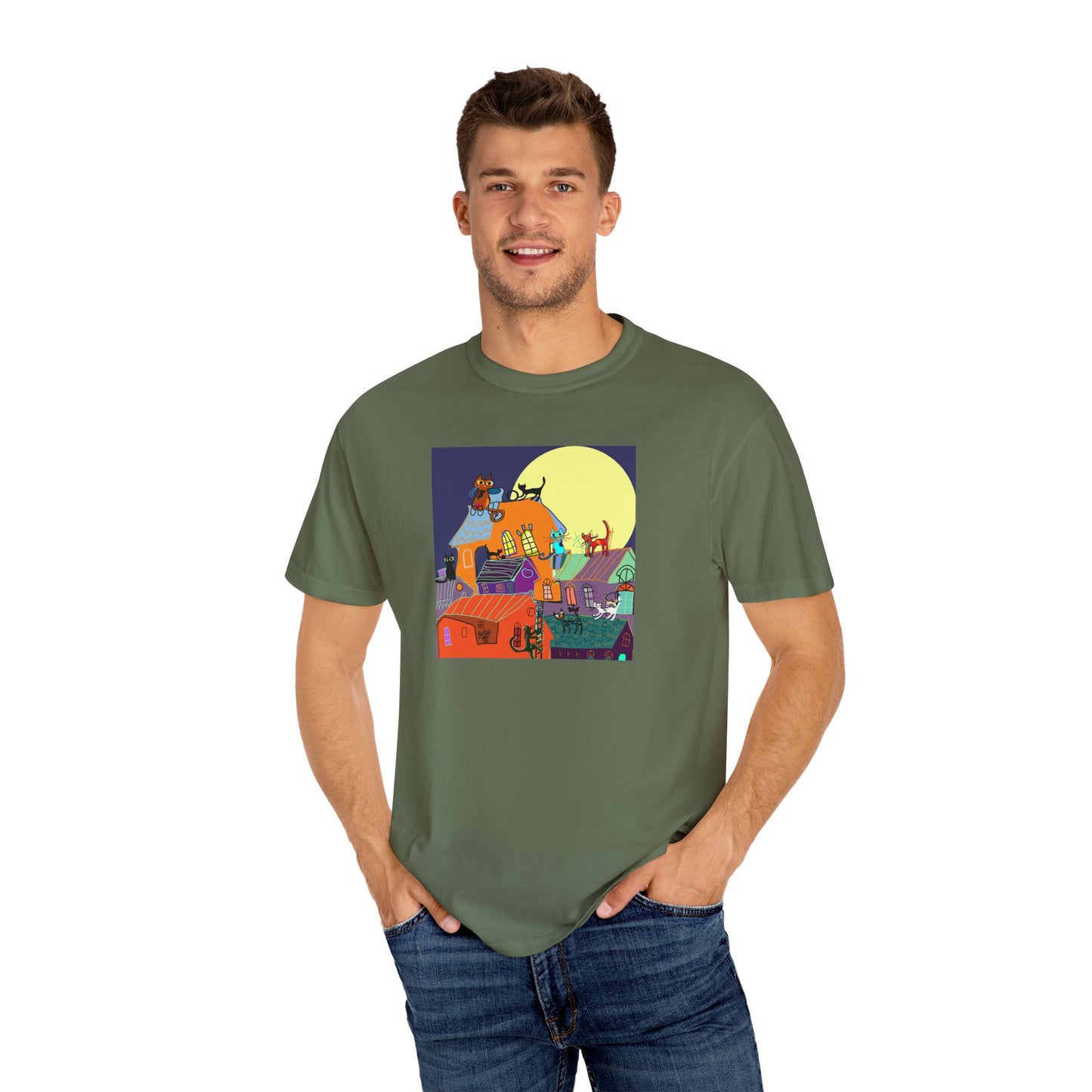 Moonlit Canine Adventure T-Shirt, Unisex Dog Lover Tee, Garment-Dyed Graphic Top, Pet-Themed Gift, Casual Wear