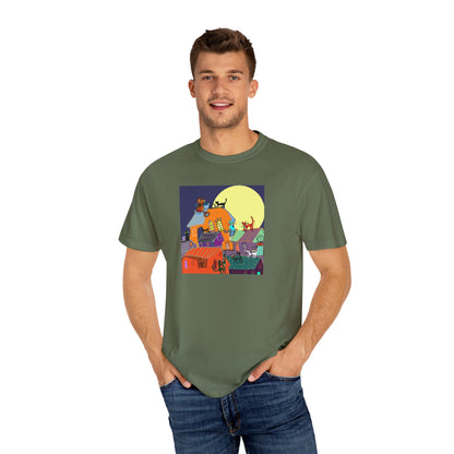 Moonlit Canine Adventure T-Shirt, Unisex Dog Lover Tee, Garment-Dyed Graphic Top, Pet-Themed Gift, Casual Wear