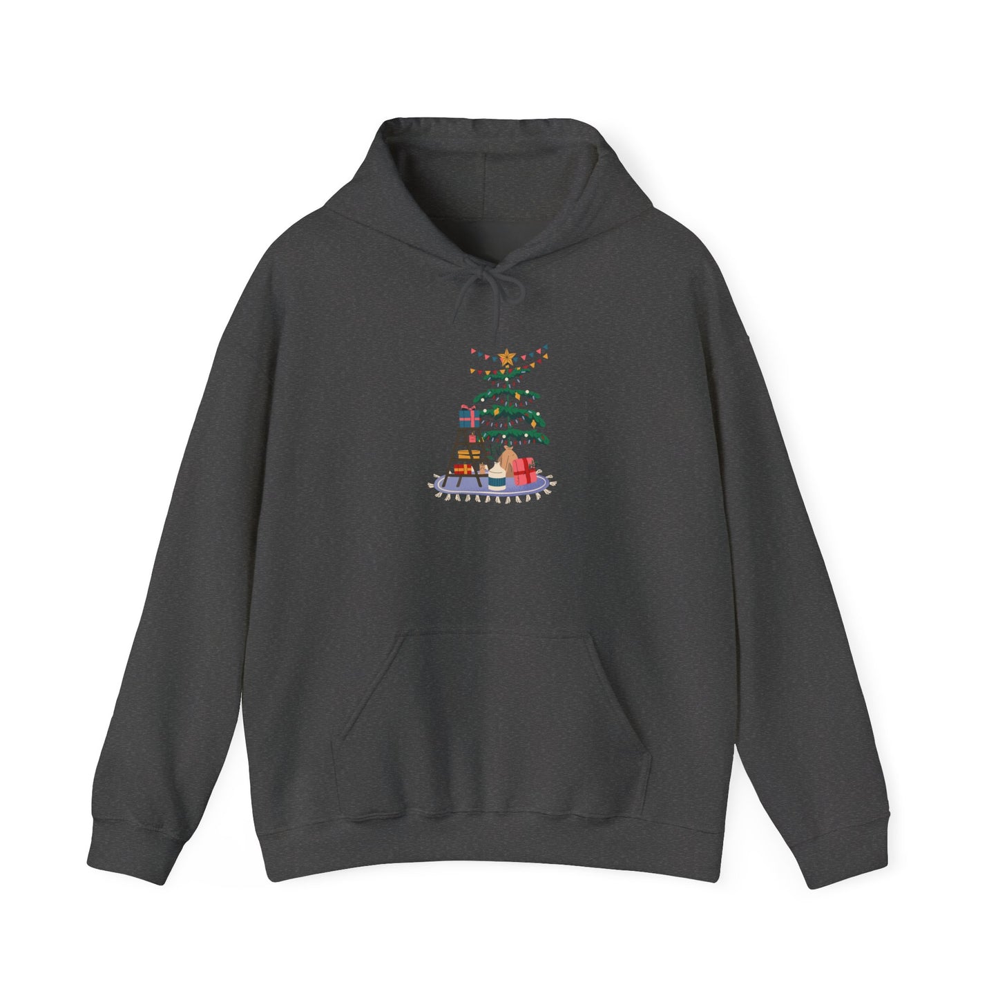Christmas Tree Decorating Hoodie — Cozy Holiday Scene with Presents & String Lights