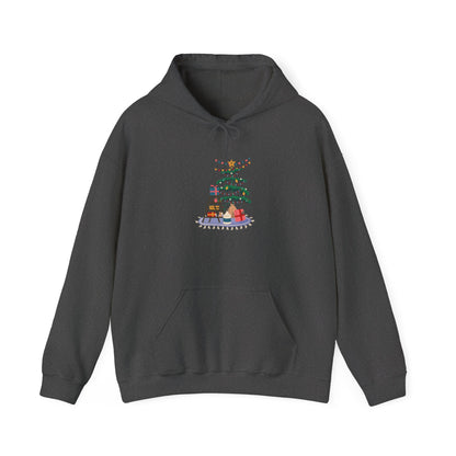 Christmas Tree Decorating Hoodie — Cozy Holiday Scene with Presents & String Lights