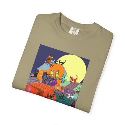 Moonlit Canine Adventure T-Shirt, Unisex Dog Lover Tee, Garment-Dyed Graphic Top, Pet-Themed Gift, Casual Wear