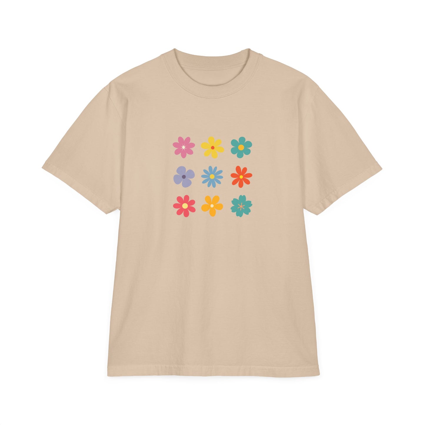 Floral Grid Tee — Colorful Retro Flowers Graphic T-Shirt