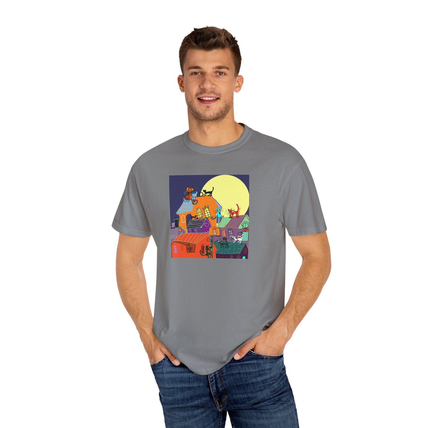 Moonlit Canine Adventure T-Shirt, Unisex Dog Lover Tee, Garment-Dyed Graphic Top, Pet-Themed Gift, Casual Wear