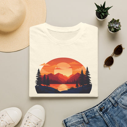 Sunset Mountain Lake T-Shirt — Retro Nature Graphic Tee for Outdoors Lovers