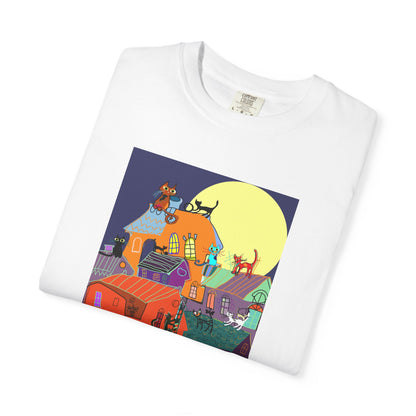 Moonlit Canine Adventure T-Shirt, Unisex Dog Lover Tee, Garment-Dyed Graphic Top, Pet-Themed Gift, Casual Wear