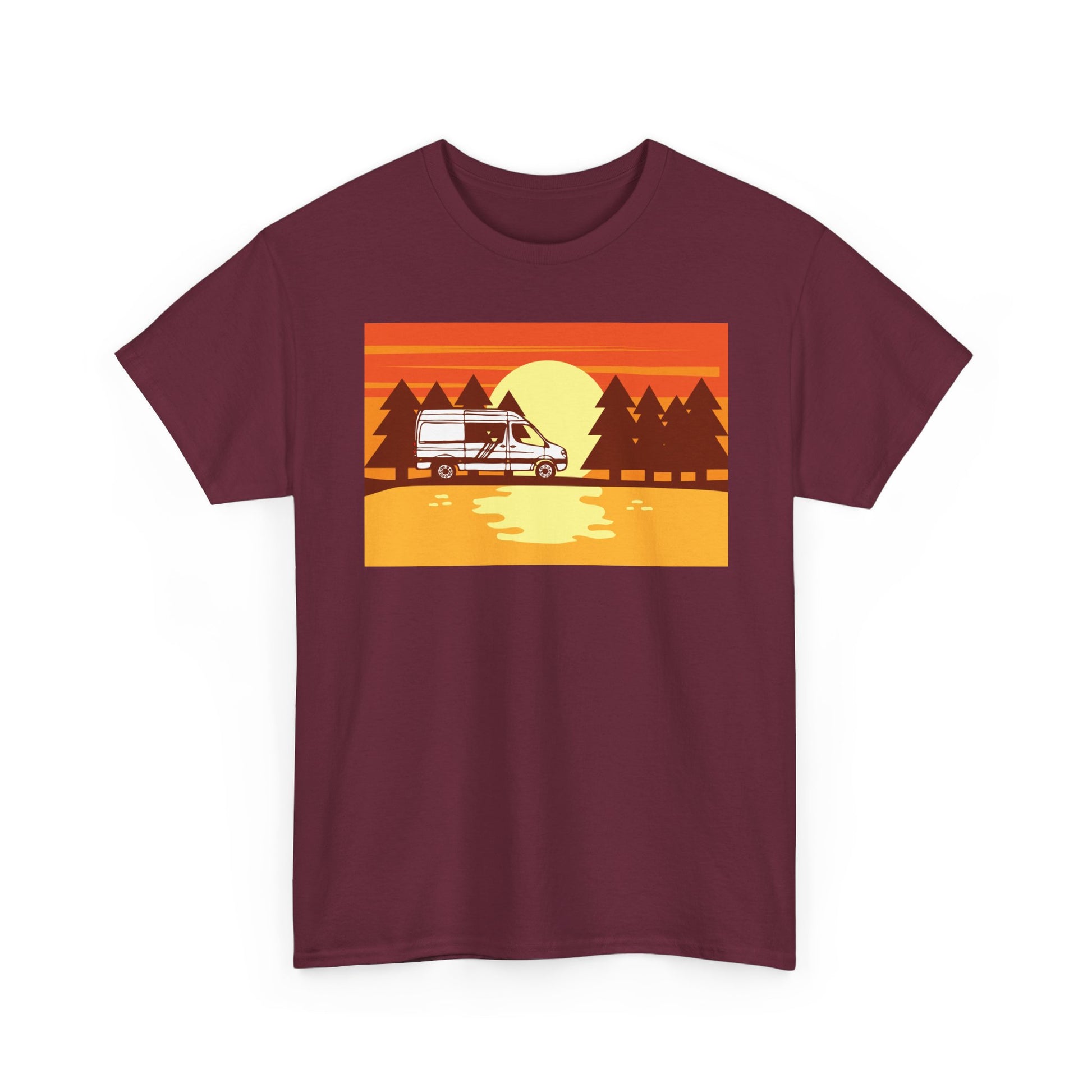 Retro Sunset Camper Unisex Heavy Cotton Tee, Vintage T-Shirt, Camping Apparel, Summer Shirt, Gift for Travel Lovers - MaisonThreadory