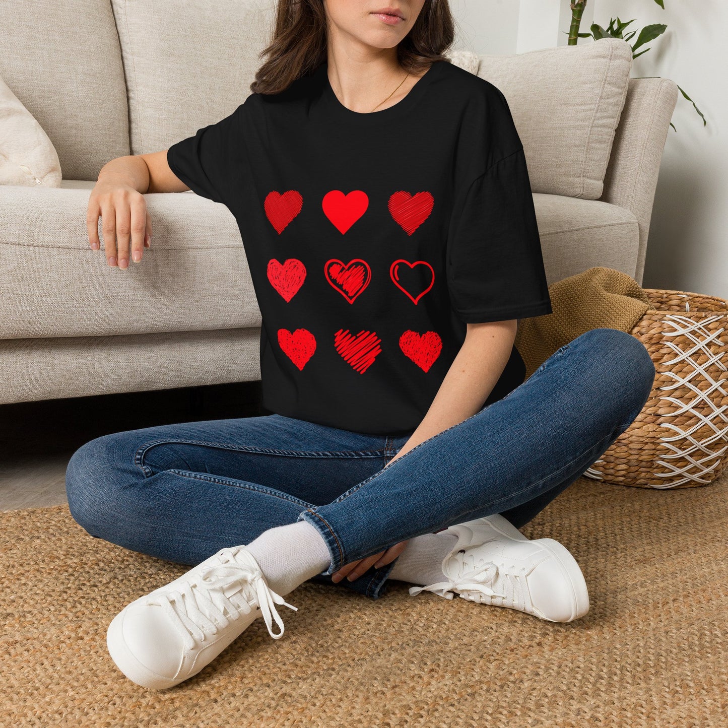 Heart Icons T-Shirt — Red Sketch & Filled Heart Graphic Tee for Valentine’s Day