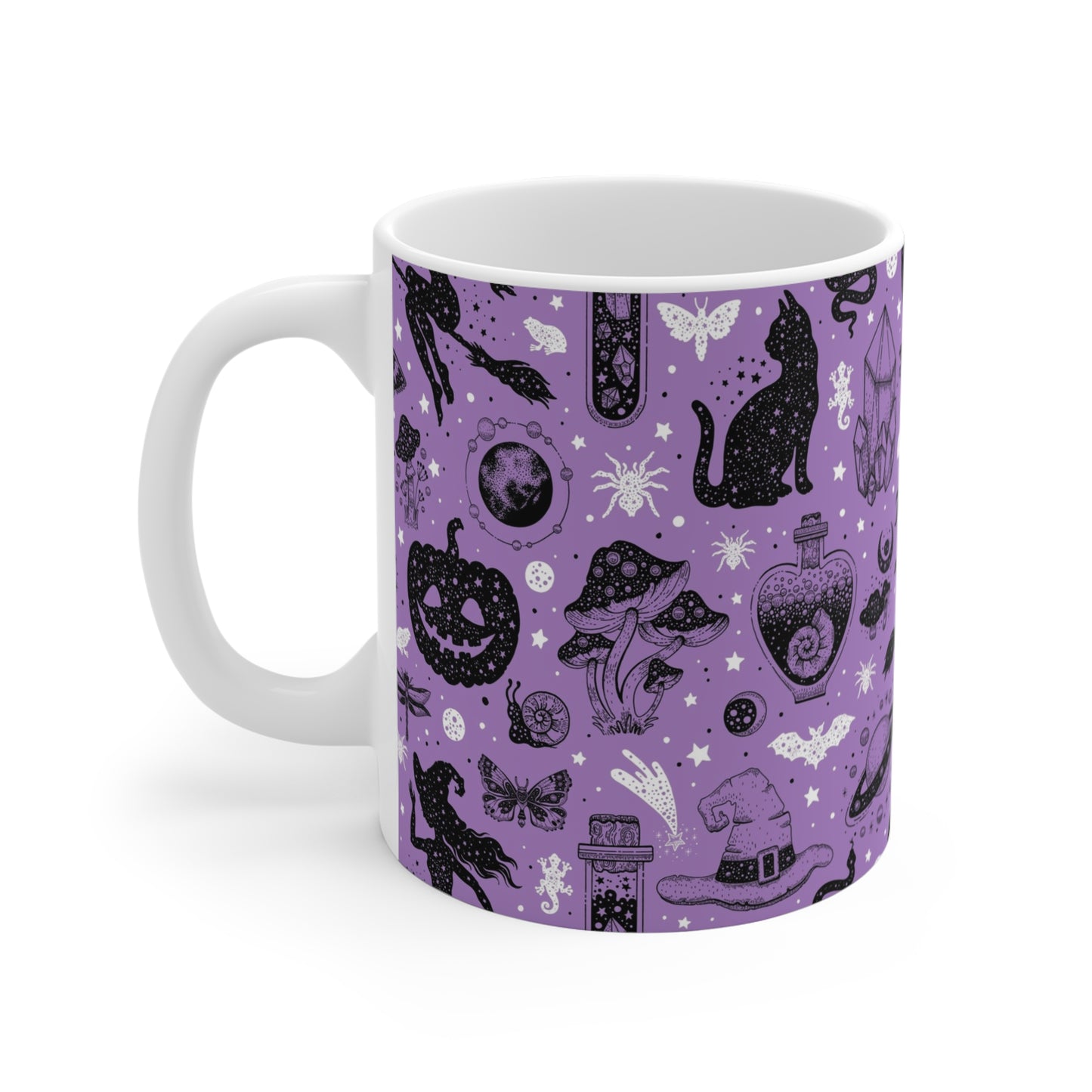 Magical Witchy Mug, 11oz Coffee Cup for Halloween, Witchcraft Gift, Cozy Drinkware, Crystal and Cat Design - MaisonThreadory