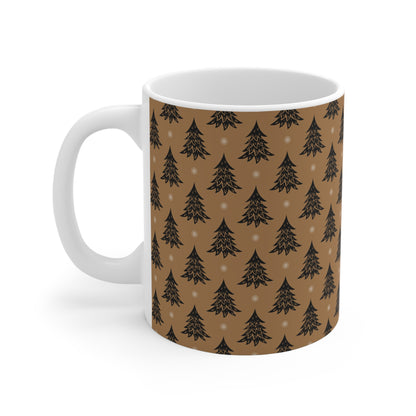 Christmas Tree Pattern Ceramic Mug — Rustic Brown Holiday Coffee Cup (11oz)