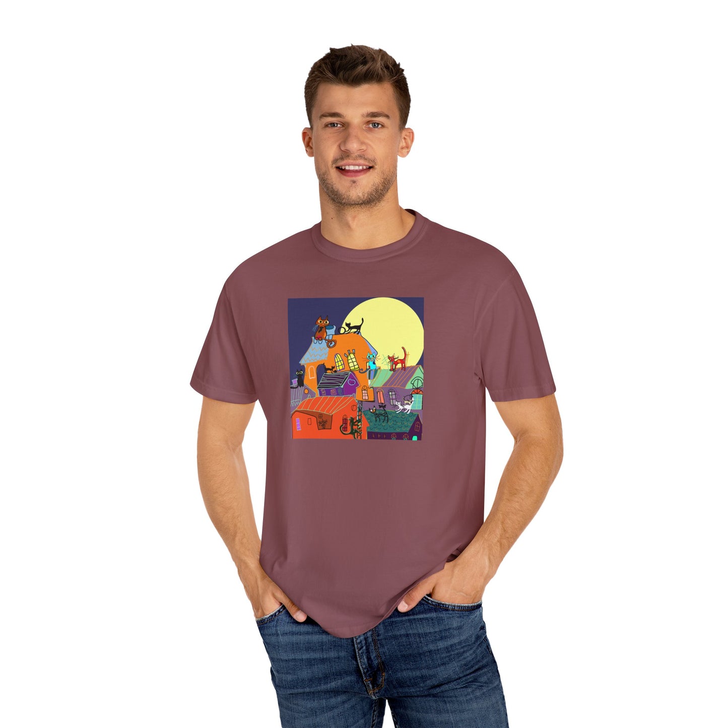 Moonlit Canine Adventure T-Shirt, Unisex Dog Lover Tee, Garment-Dyed Graphic Top, Pet-Themed Gift, Casual Wear